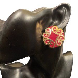 Gold Tone Burgundy Vintage Enamel Earrings Costume Jewelry Button Earring